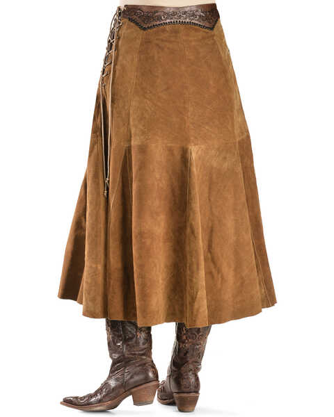 Image #3 - Kobler Leather Women's Choctaw Tooled Leather Lace-Up Suede Skirt, Cognac, hi-res