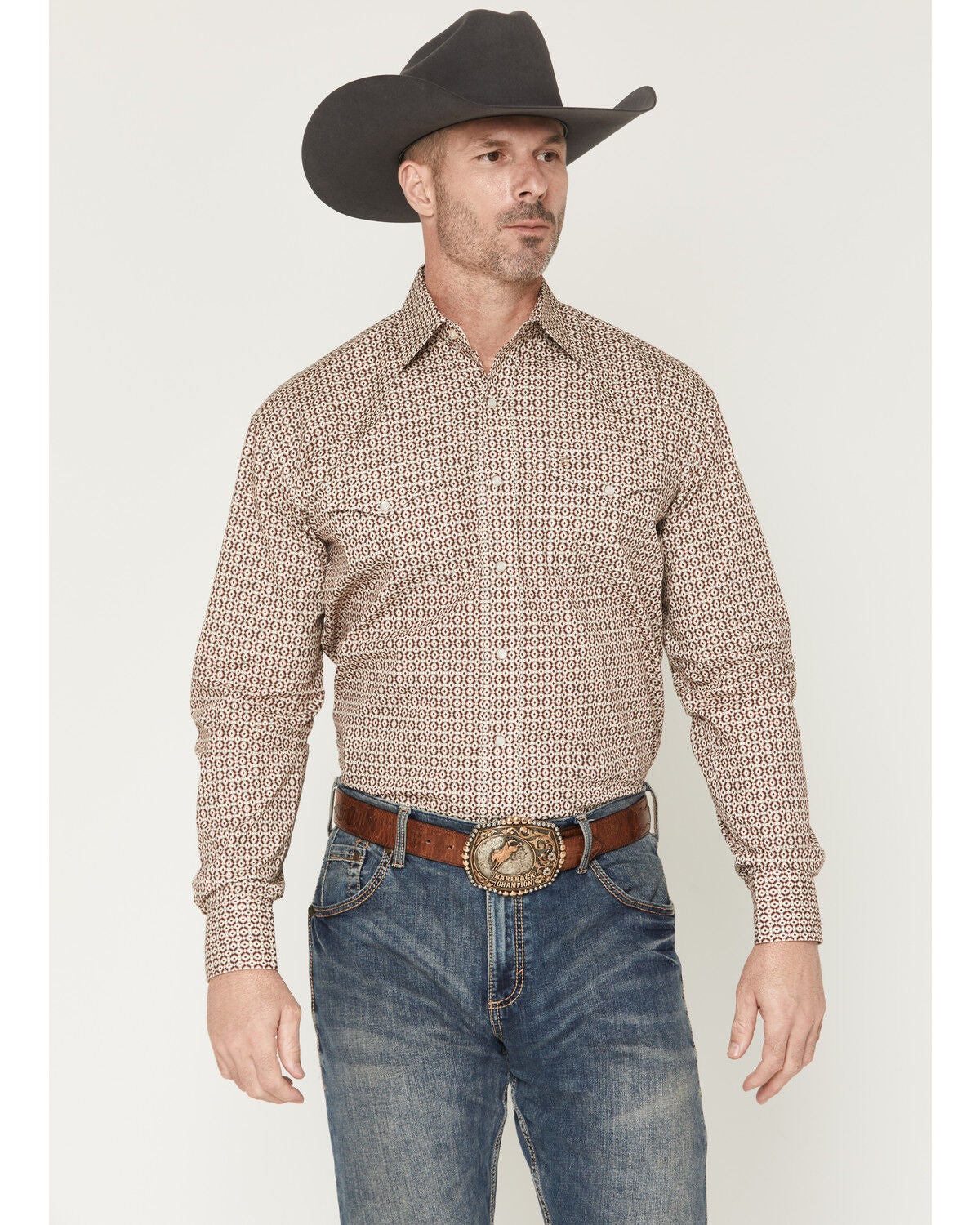 Stetson Men's Geo Print Long Sleeve Pearl Snap Western Shirt, Burgundy, hi-res