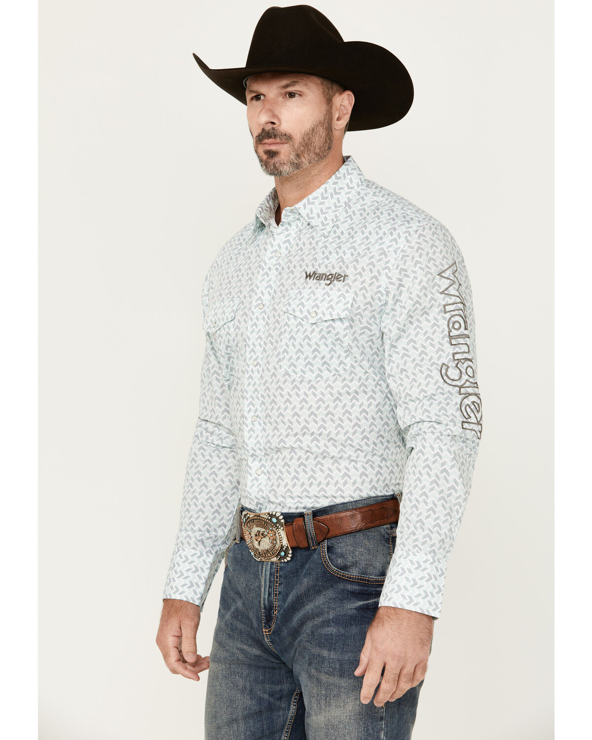 Image #1 - Wrangler Men's Geo Print Logo Long Sleeve Snap Western Shirt, Grey, hi-res