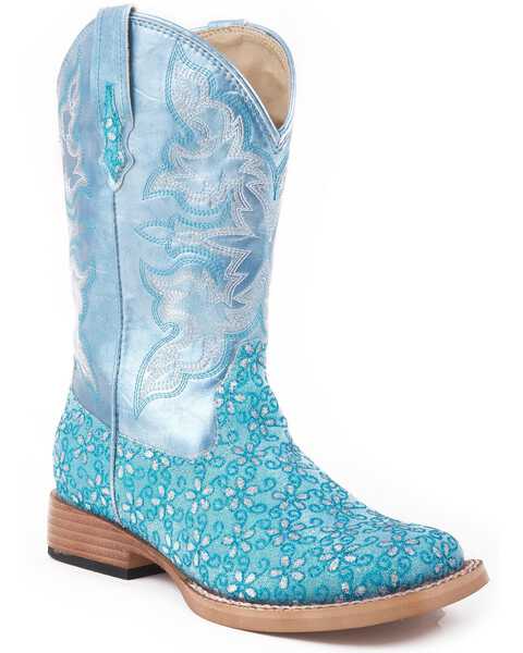 Roper Kid's Floral Glitter Western Boots, Blue, hi-res