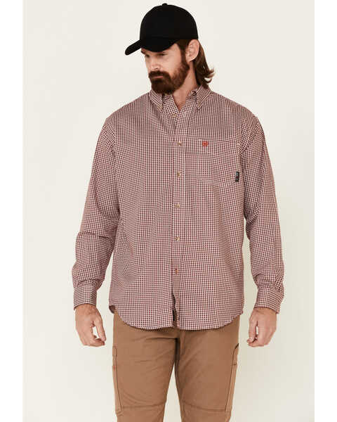 Image #1 - Ariat Men's FR Check Plaid Print Long Sleeve Button Down Work Shirt, Wine, hi-res