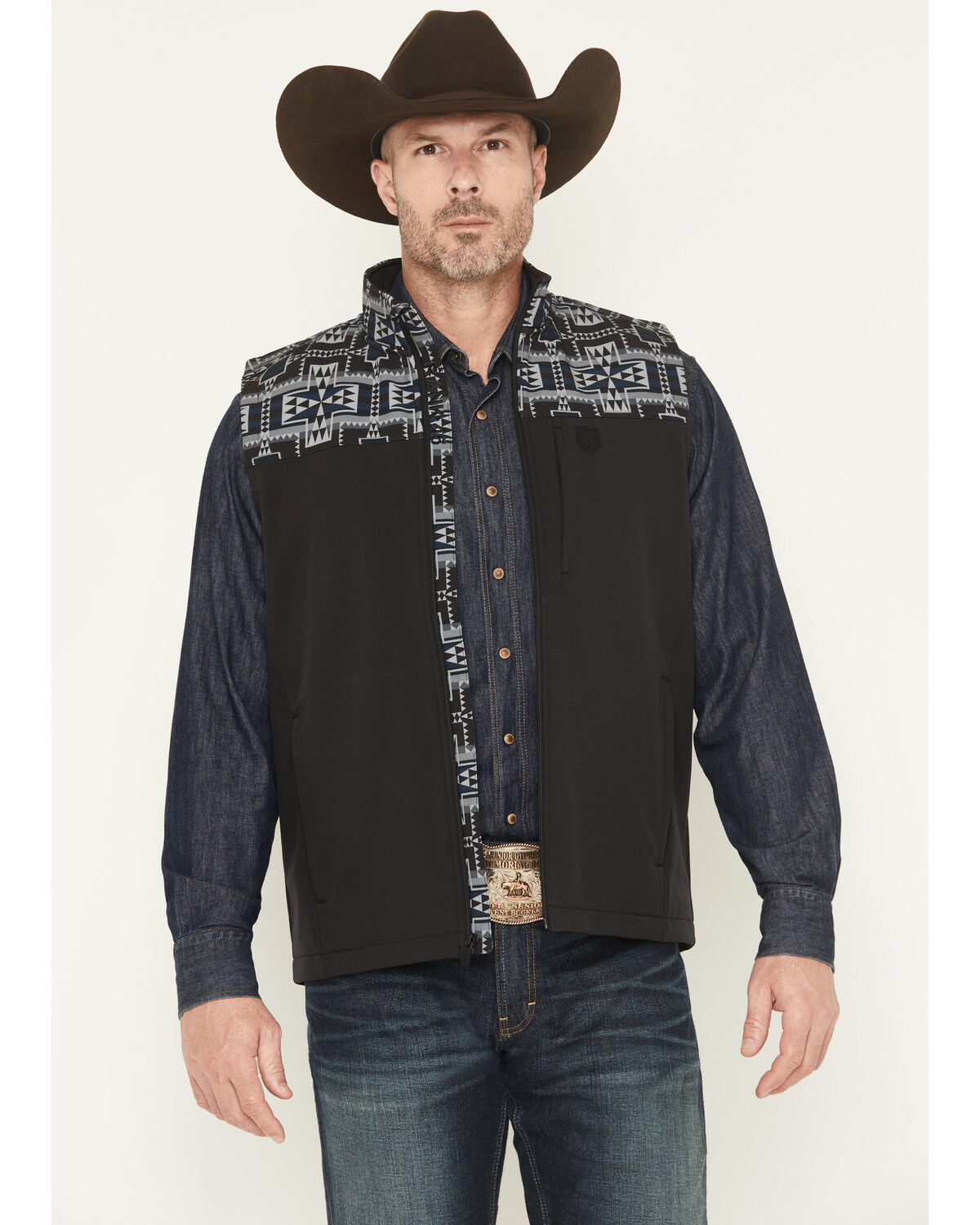 RANK 45&reg; Men's Cheneka Colorblock Southwestern Softshell Vest - Tall, Black, hi-res