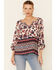 Bila Women's Ava Floral Border Print 3/4 Sleeve Peasant Top, Red/white/blue, hi-res