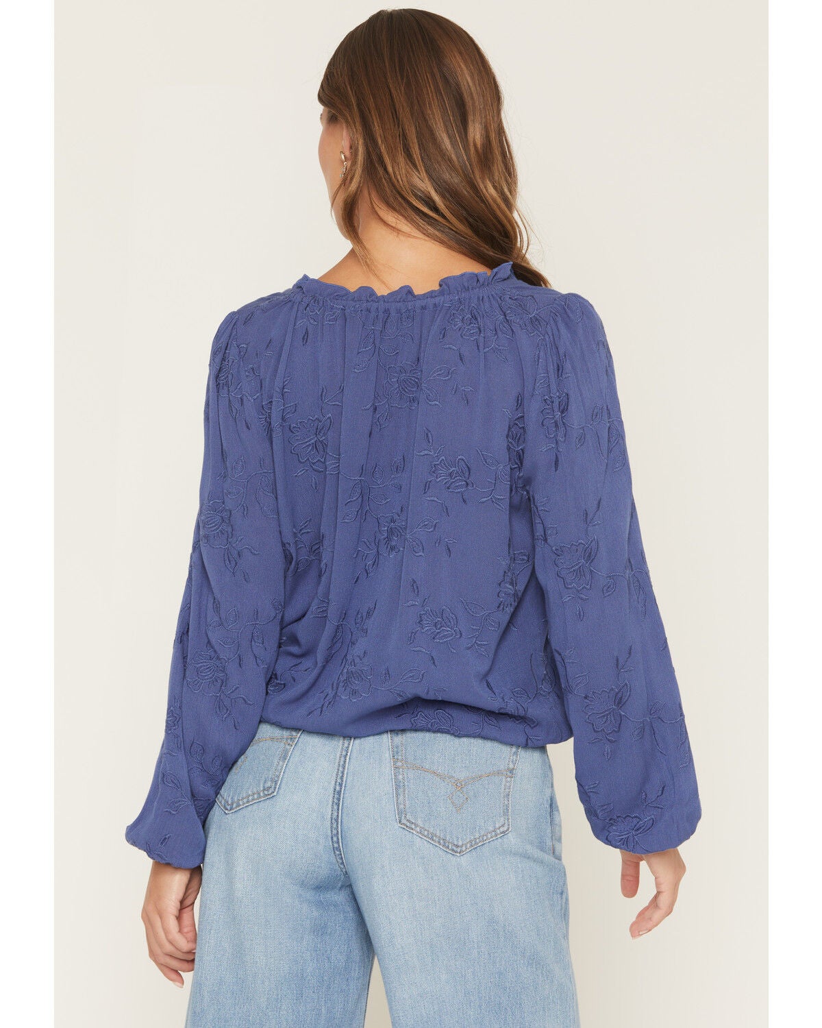 Image #4 - Wild Moss Women's Button-Front Embroidered Long Sleeve Peasant Top, Blue, hi-res