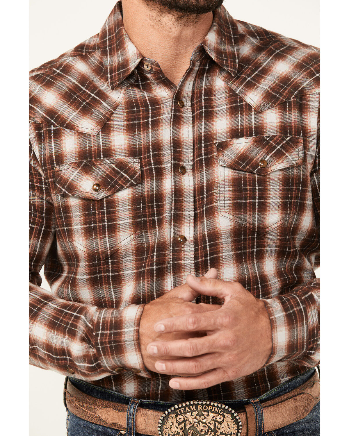 Image #3 - Cody James Men's Traverse Plaid Print Long Sleeve Snap Western Shirt - Big, Brown, hi-res