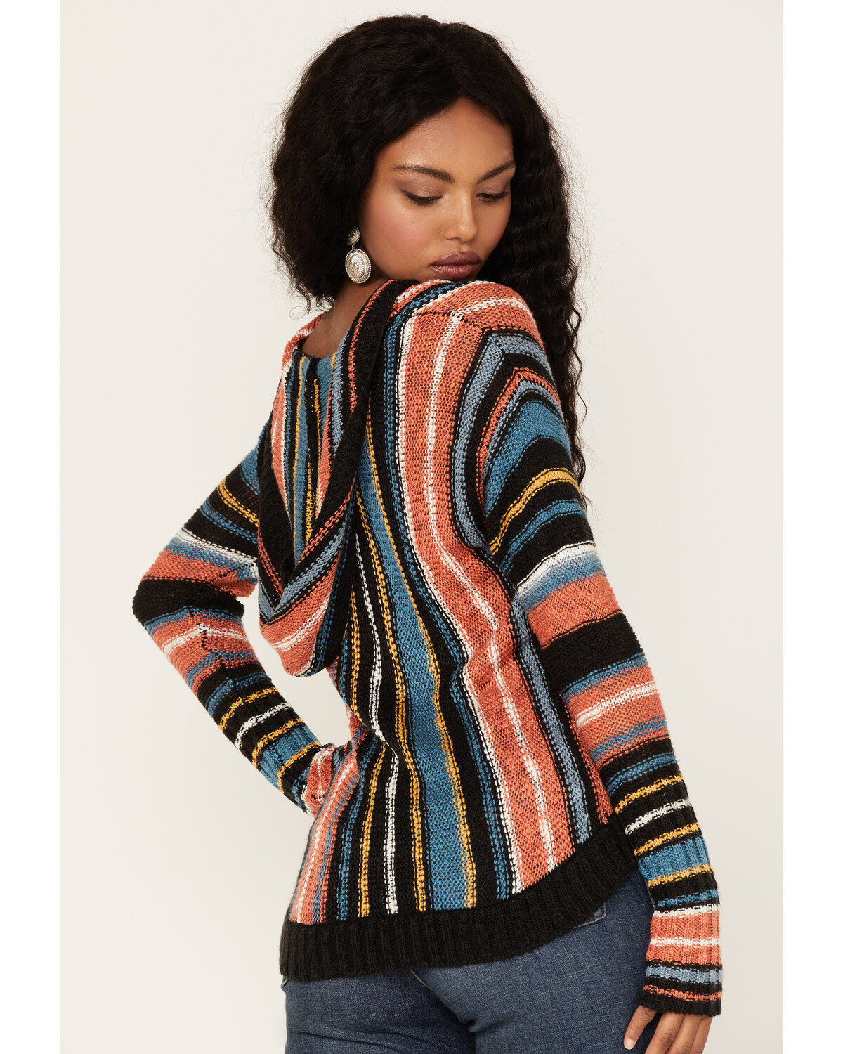 Image #4 - Rock & Roll Denim Women's Serape Stripe Knit Hooded Sweater, Brown, hi-res