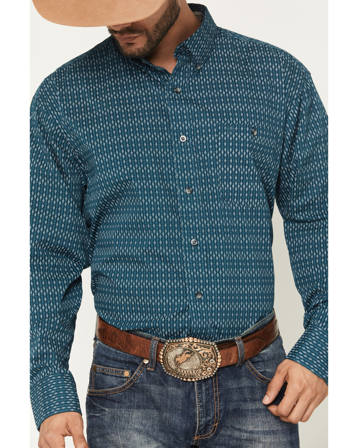 Image #3 - Wrangler Men's Geo Print Long Sleeve Button-Down Stretch Western Shirt, Blue, hi-res