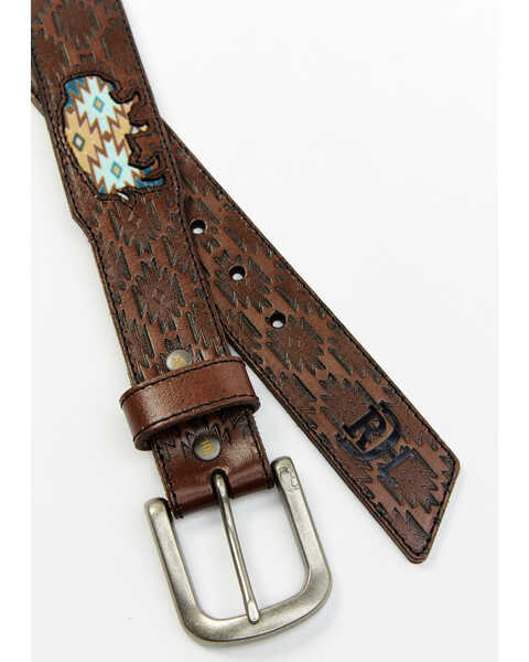 Image #2 - Red Dirt Hat Co. Men's Southwestern Print Buffalo Inlay Tooled Leather Belt, Brown, hi-res