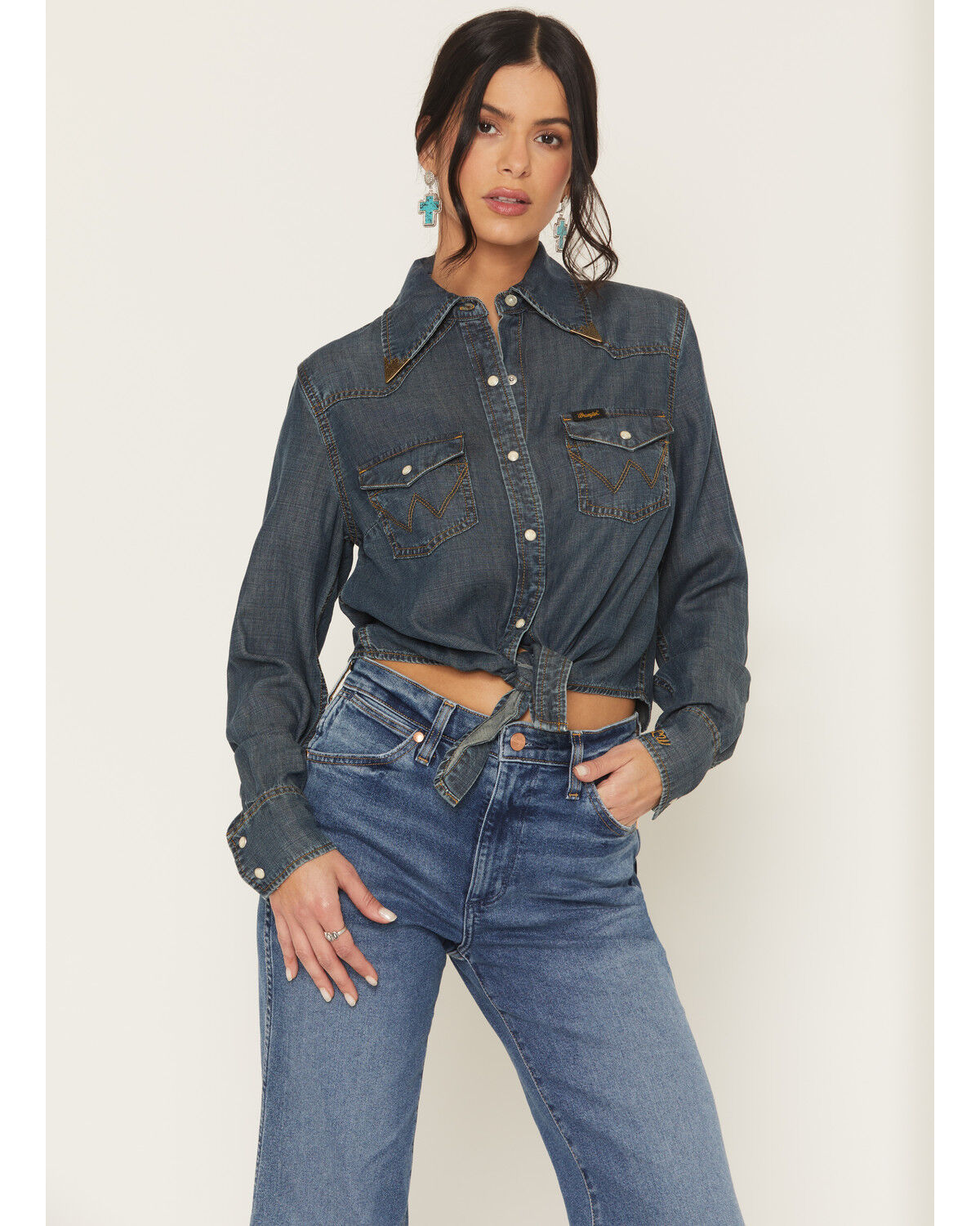 Wrangler X Lainey Wilson Women's Dark Wash Long Sleeve Snap Tie Front Western Shirt, Dark Wash, hi-res