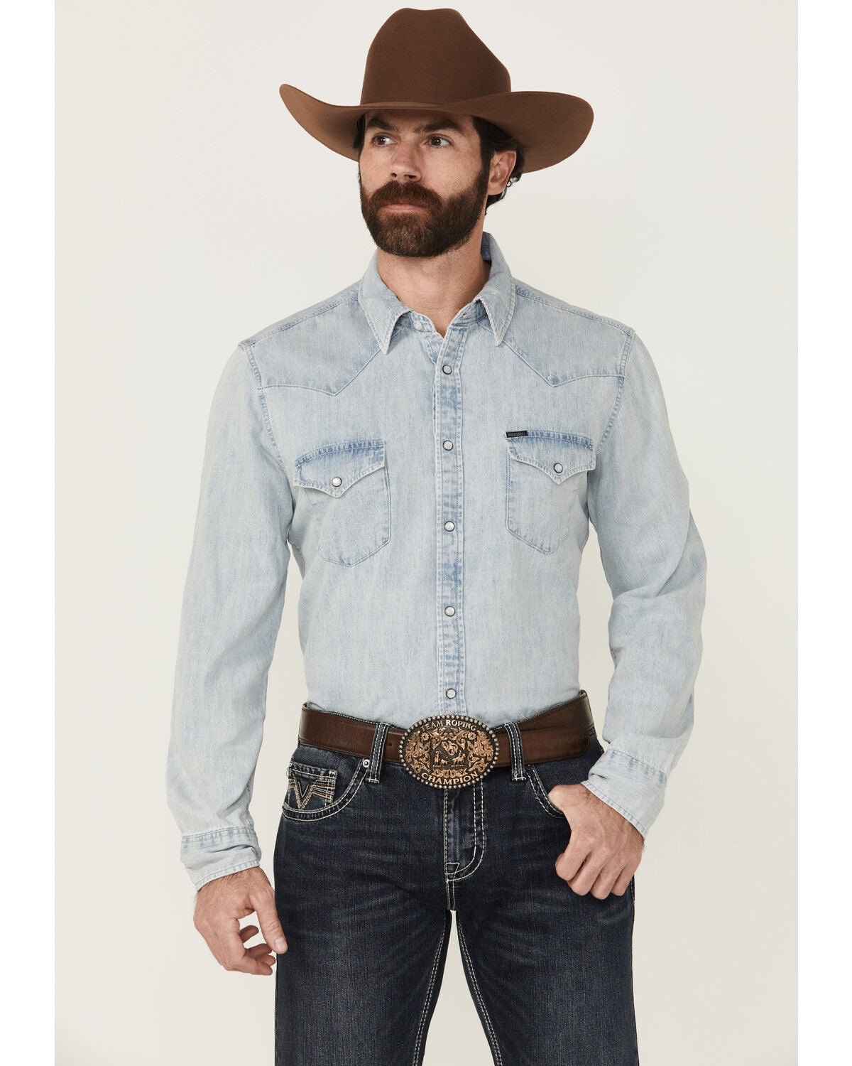 Rock & Roll Denim Men's Light Wash Long Sleeve Snap Denim Shirt, Light Wash, hi-res