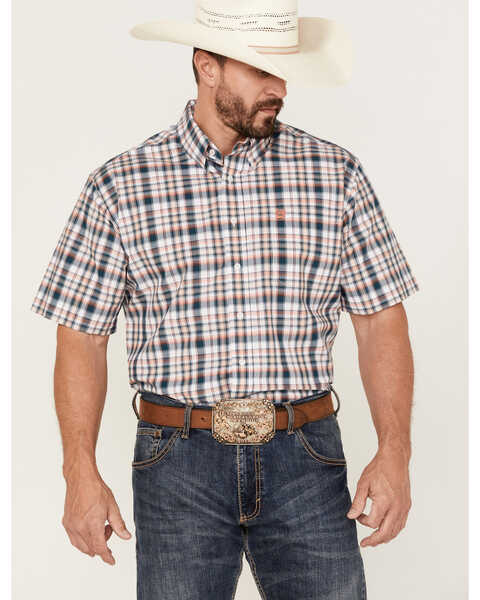 Cinch Men's Large Plaid Print Short Sleeve Button Down Western Shirt , White, hi-res