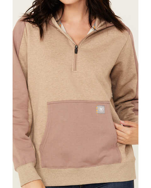 Image #3 - Ariat Women's Rebar Oversized 1/2 Zip Hooded Pullover , Beige, hi-res