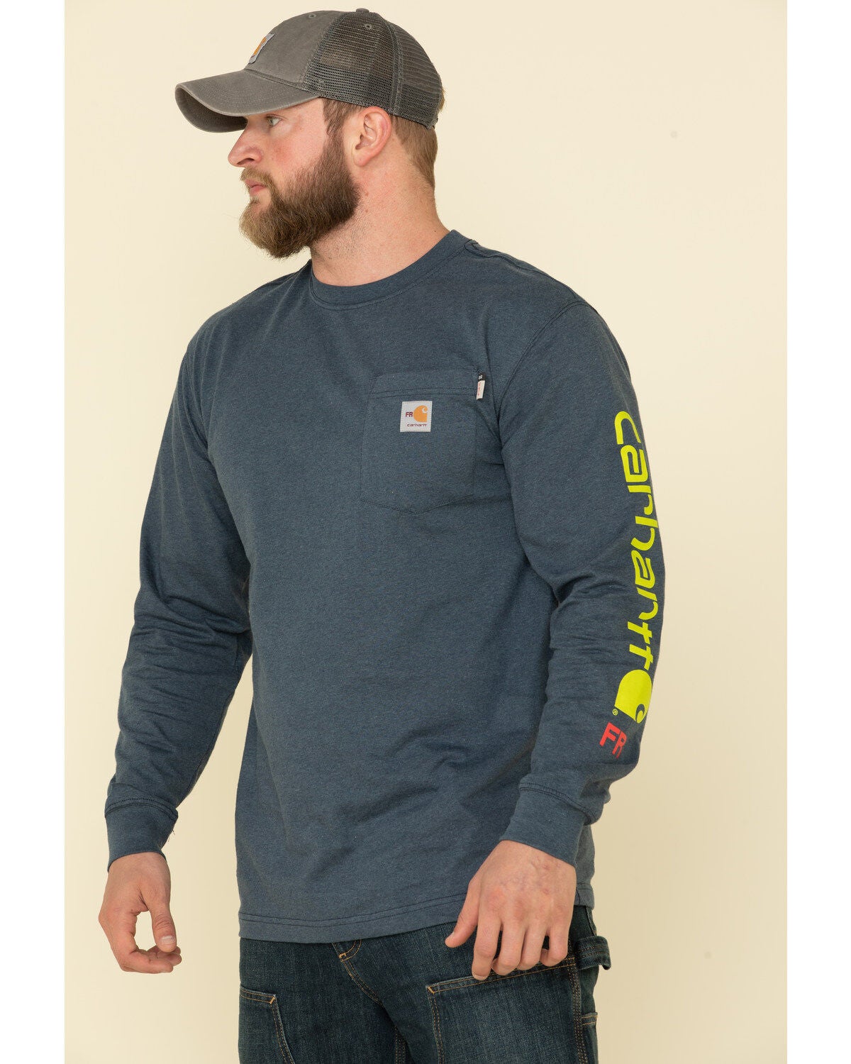 Carhartt Men's M-FR Midweight Signature Logo Long Sleeve Work Shirt - Tall, Dark Blue, hi-res