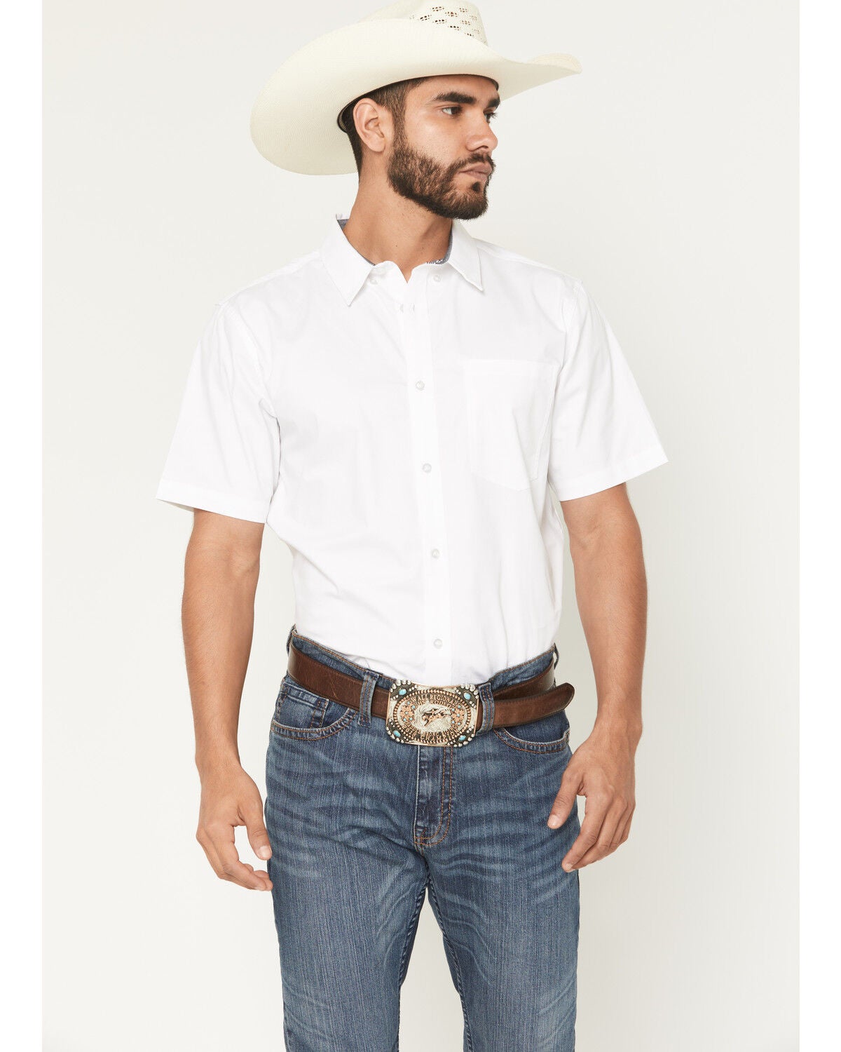 Cody James Men's Basic Twill Short Sleeve Button-Down Stretch Western Shirt, White, hi-res