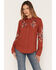 Image #1 - Shyanne Women's Linden Floral Embroidered Long Sleeve Pearl Snap Western Shirt, Brick Red, hi-res