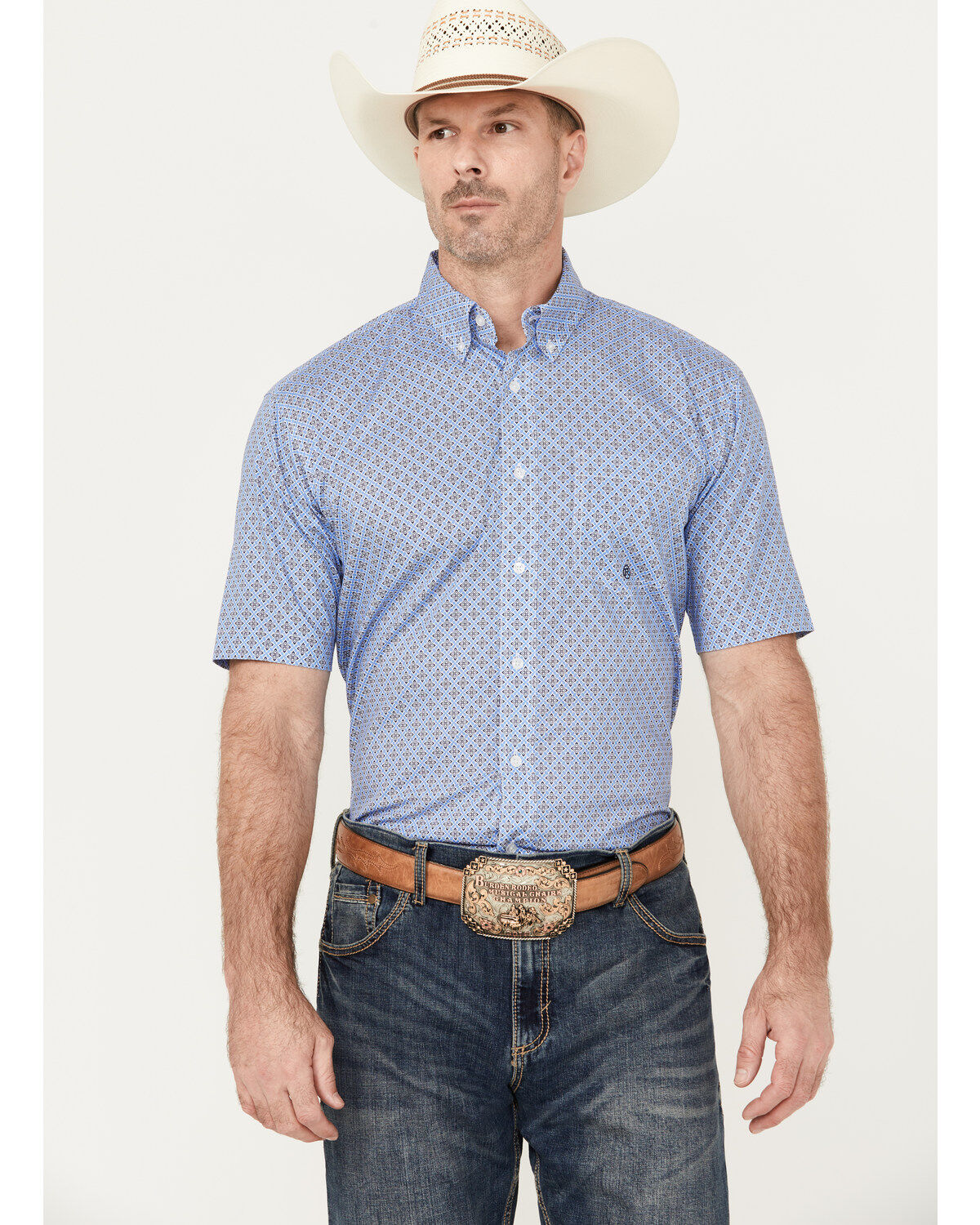 Image #1 - Roper Men's Geo Print Short Sleeve Button Down Western Shirt, , hi-res