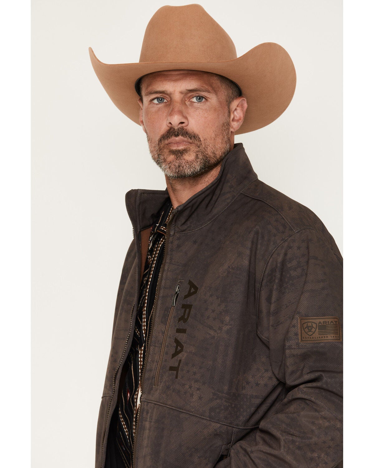 Image #2 - Ariat Men's Americana Patriot Flag Softshell Jacket, Brown, hi-res