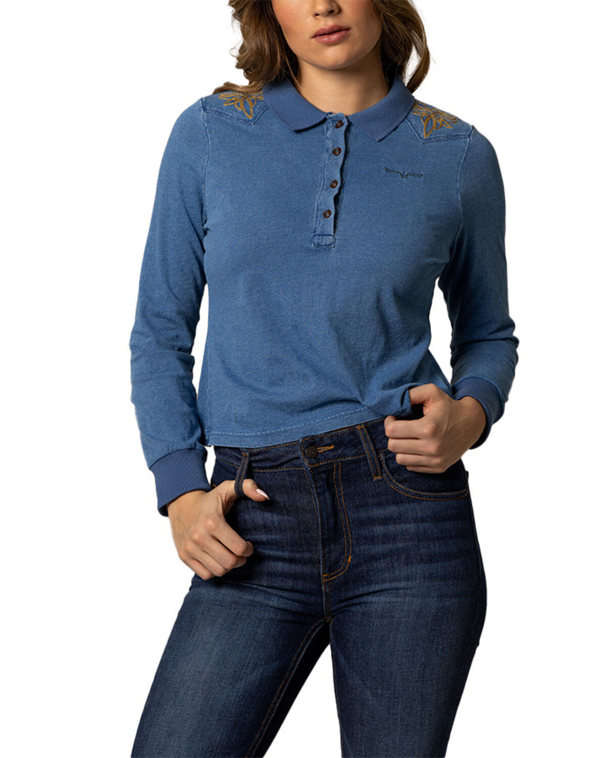 Image #1 - Kimes Ranch Women's Bluebell Embroidered Long Sleeve Polo, Blue, hi-res