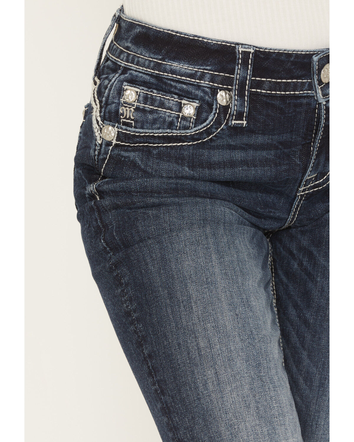 Image #4 - Miss Me Women's Medium Wash Mid Rise 32" Bootcut Fleur de Lis Pocket Stretch Denim Jeans, Dark Wash, hi-res