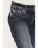 Image #4 - Miss Me Women's Medium Wash Mid Rise 32" Bootcut Fleur de Lis Pocket Stretch Denim Jeans, Dark Wash, hi-res