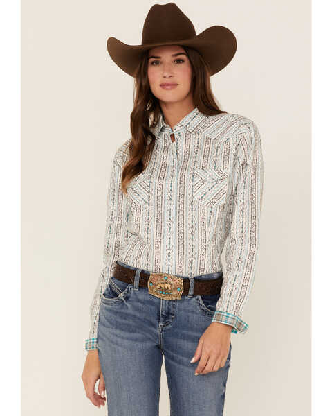 Panhandle Women's Southwestern Stripe Long Sleeve Snap Western Core Shirt, Ivory, hi-res