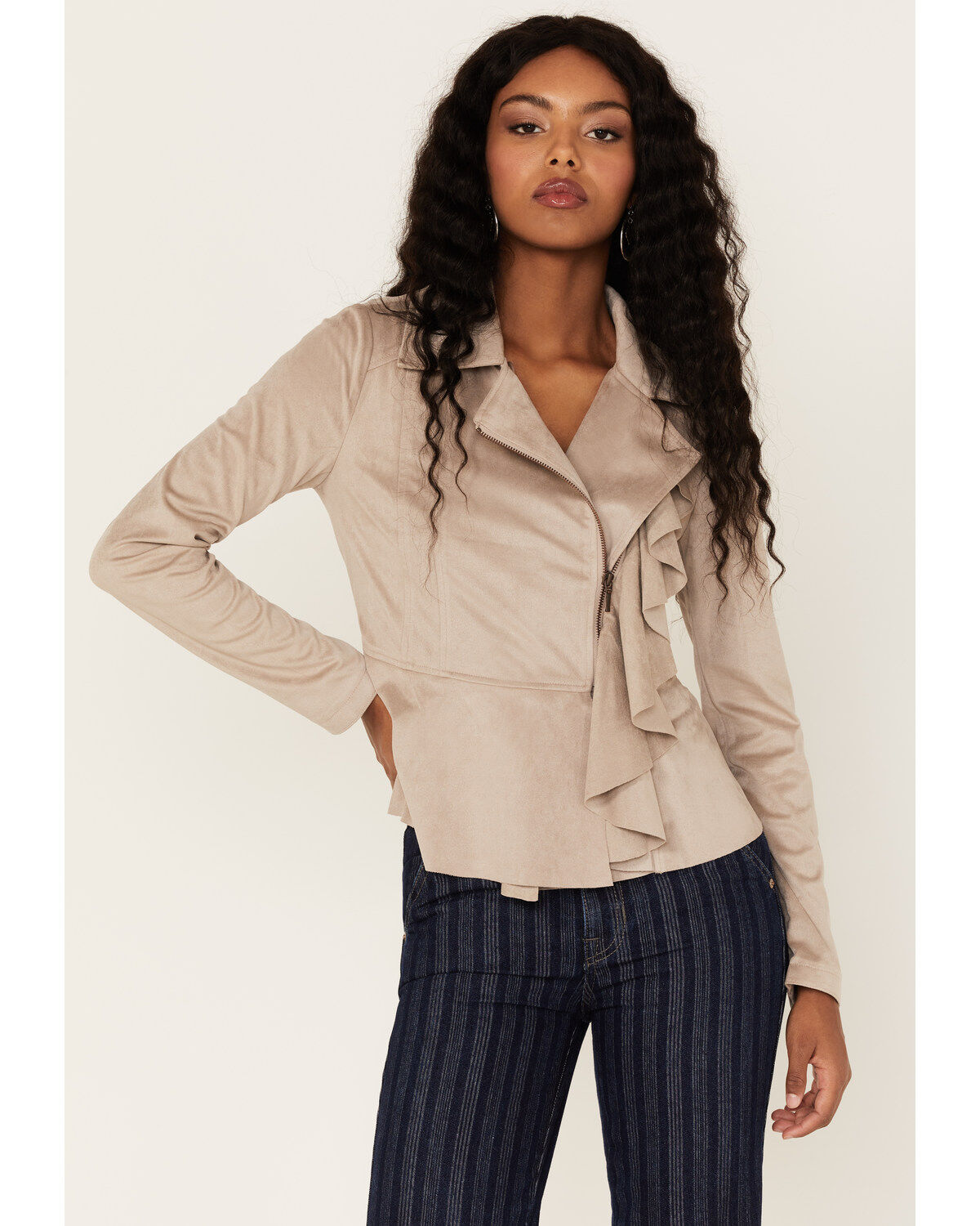 Image #1 - Shyanne Women's Ruffle Faux Suede Moto Jacket, , hi-res