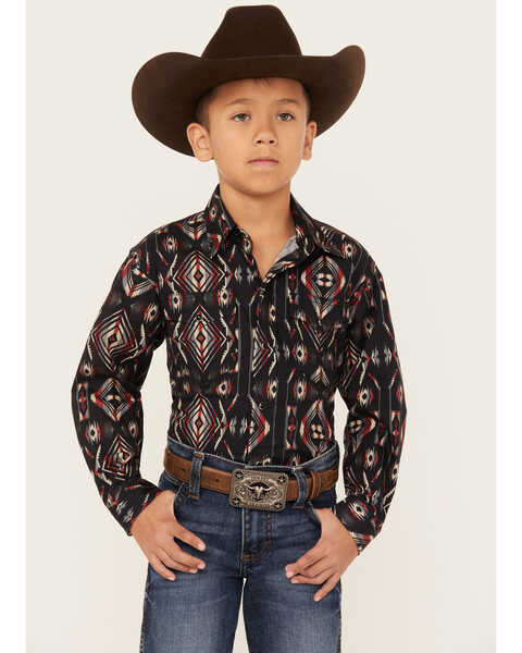 Roper Boys' Southwestern Stripe Print Long Sleeve Snap Western Shirt, Black, hi-res