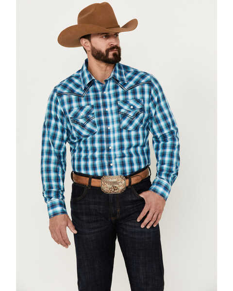 Rock 47 by Wrangler Men's Plaid Print Long Sleeve Western Snap Shirt, Blue, hi-res
