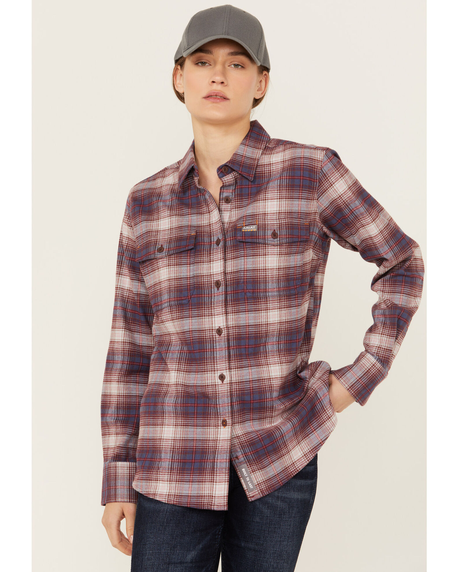 Image #1 - Ariat Women's Rebar Plaid Print DuraStretch Long Sleeve Button-Down Flannel Work Shirt, Grey, hi-res