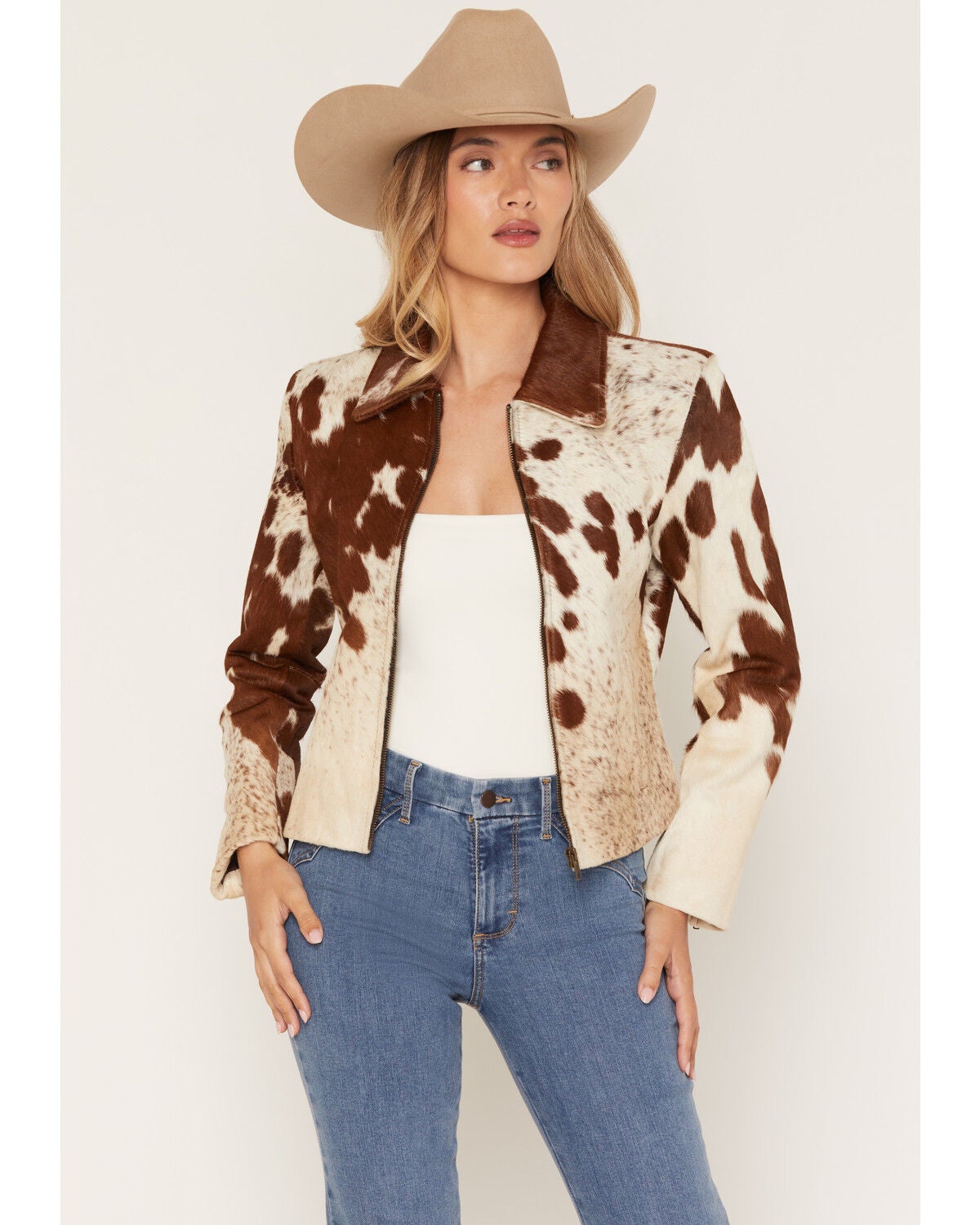 Cripple Creek Women's Genuine Cowhide Zip-Up Jacket, Brown, hi-res