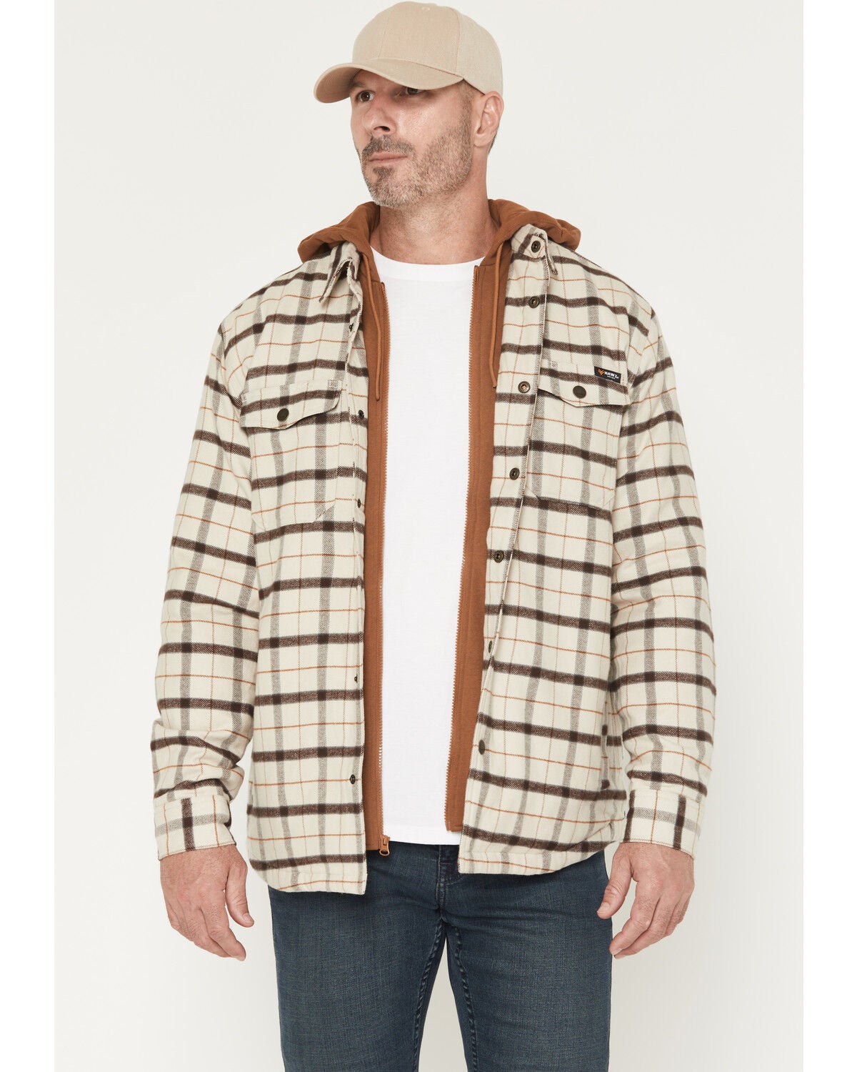 Hawx Men's Bronson Plaid Print Insulated Hooded Flannel Shirt Jacket, Tan, hi-res