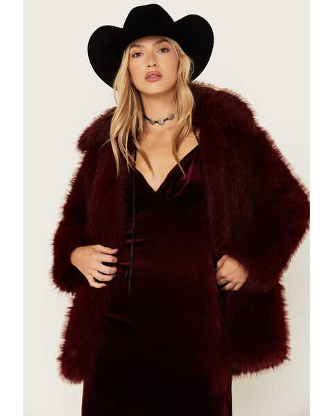 Band of the Free Women's Merica Faux Fur Jacket , Burgundy, hi-res