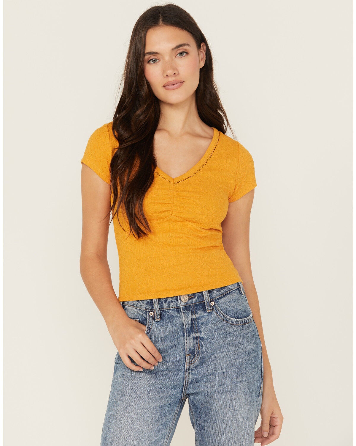 Shyanne Women's V Neck Short Sleeve Stretch Knit Top, Gold, hi-res