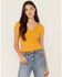 Image #1 - Shyanne Women's V Neck Short Sleeve Stretch Knit Top, Gold, hi-res