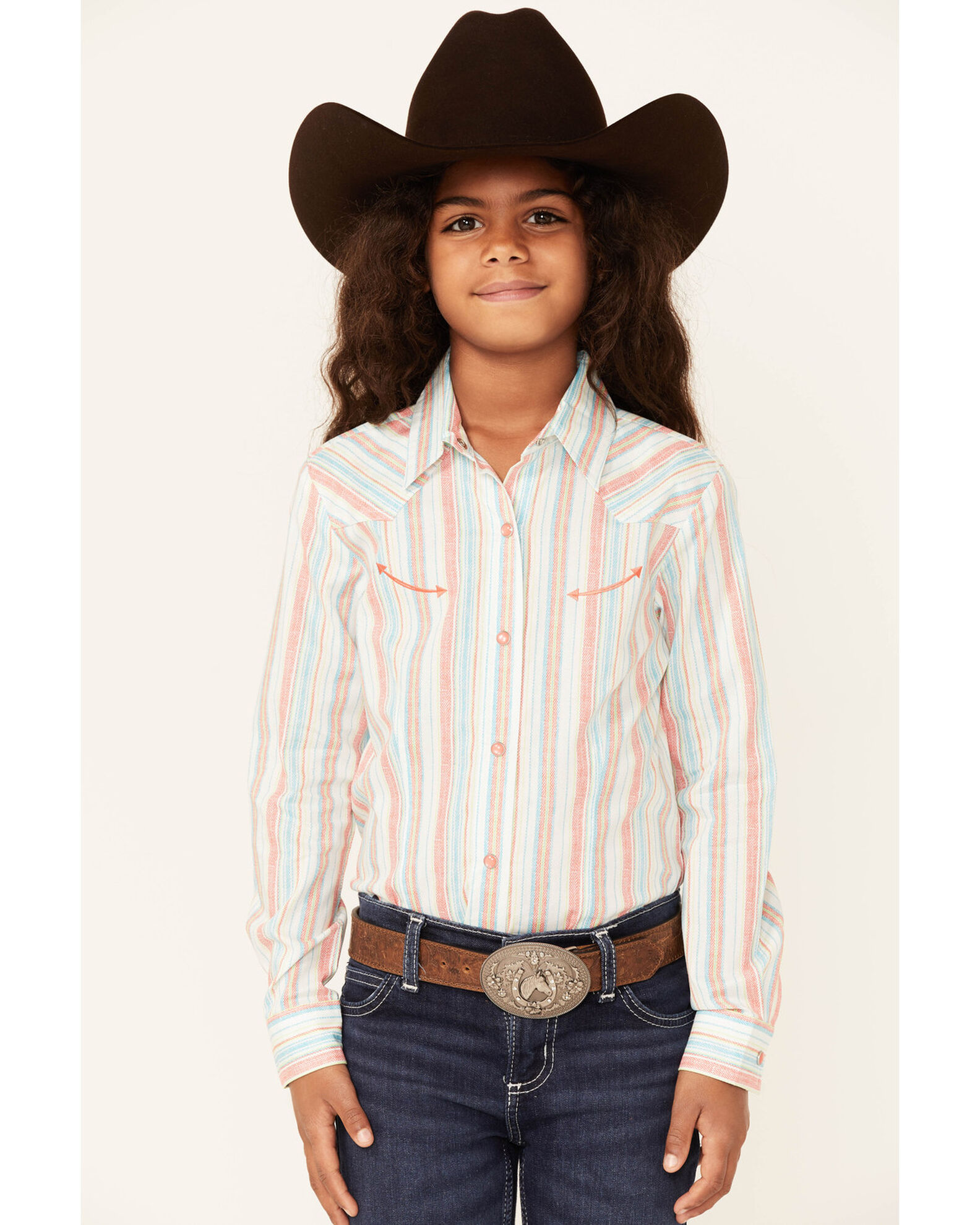 Cruel Girl Girl s Stripe Print Long Sleeve Pearl Snap Western