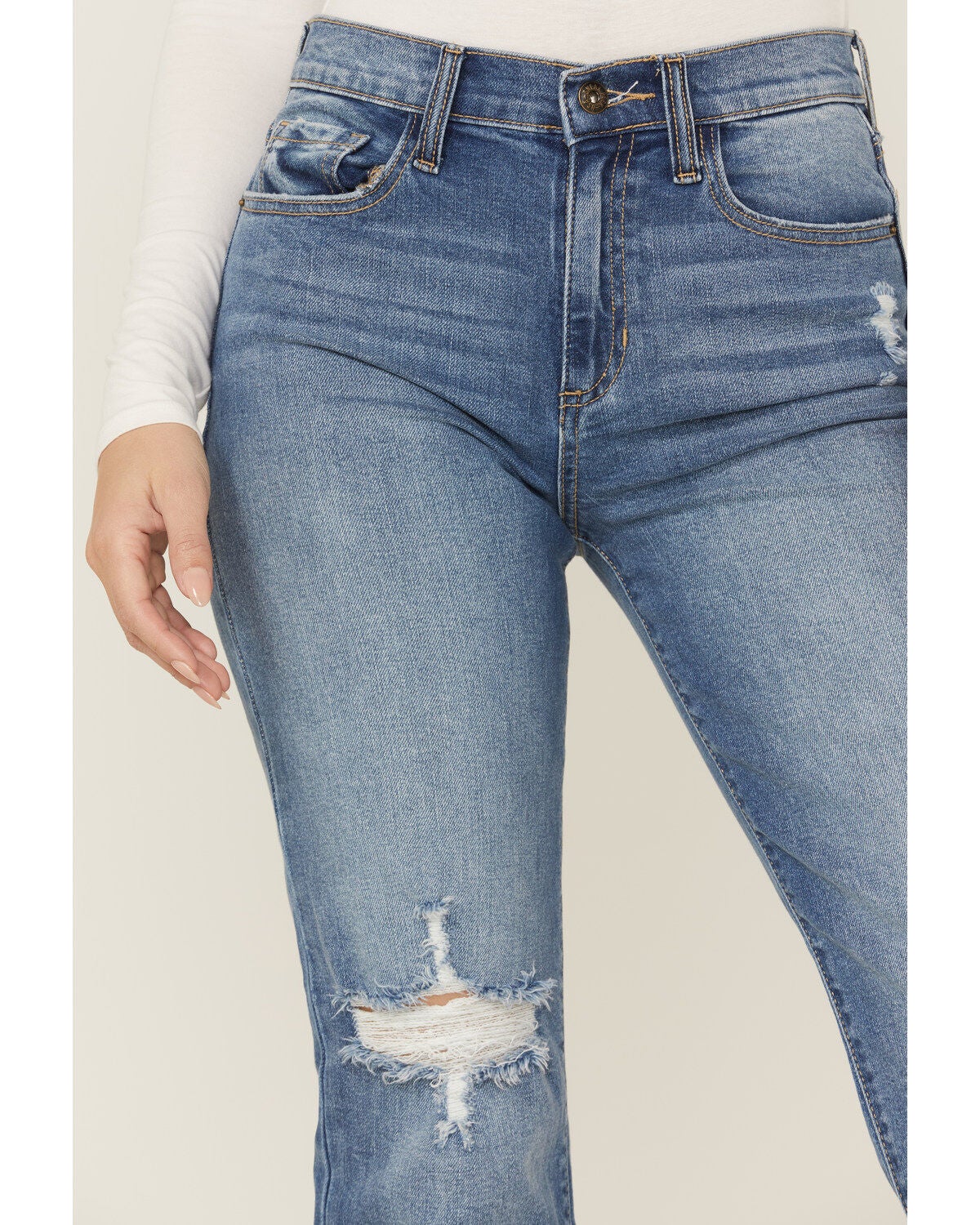Image #2 - Sneak Peek Women's Medium Dark Wash High Rise Distressed Knee Straight Jean, , hi-res