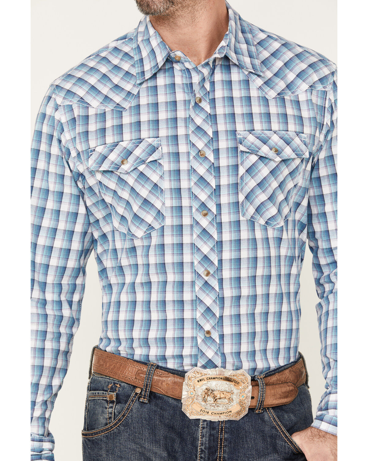 Image #3 - Wrangler 20x Men's Plaid Print Long Sleeve Snap Western Shirt, Teal, hi-res