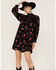 Angie Women's Navy Long Sleeve Smocked Floral Border Mini Dress, Black, hi-res