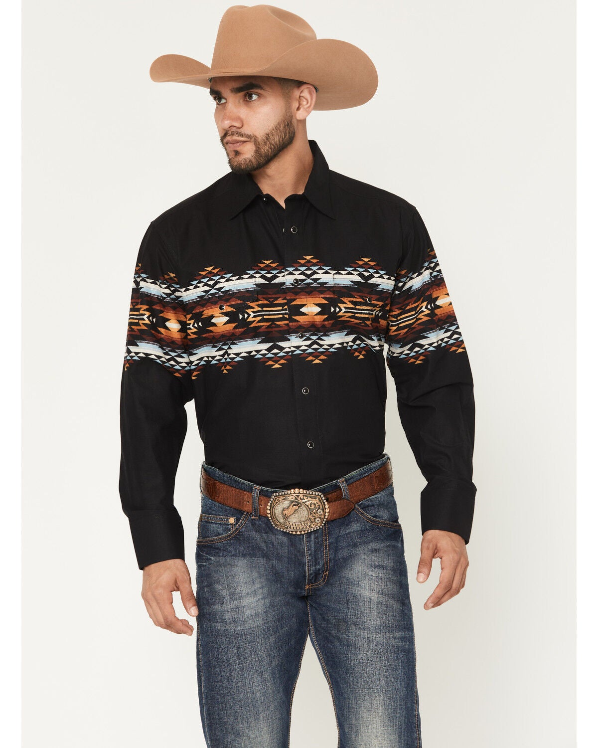 Panhandle Slim Men's Southwestern Border Long Sleeve Snap Western Shirt, Black, hi-res