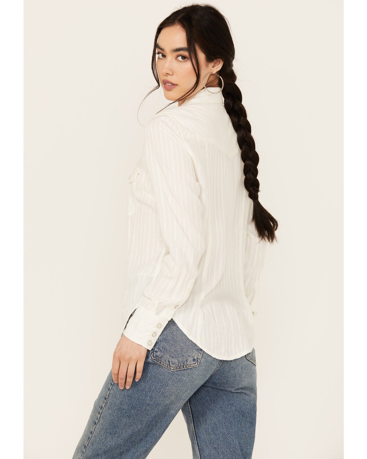 Image #4 - Wrangler Women's Modern Striped Long Sleeve Pearl Snap Western Shirt, Off White, hi-res