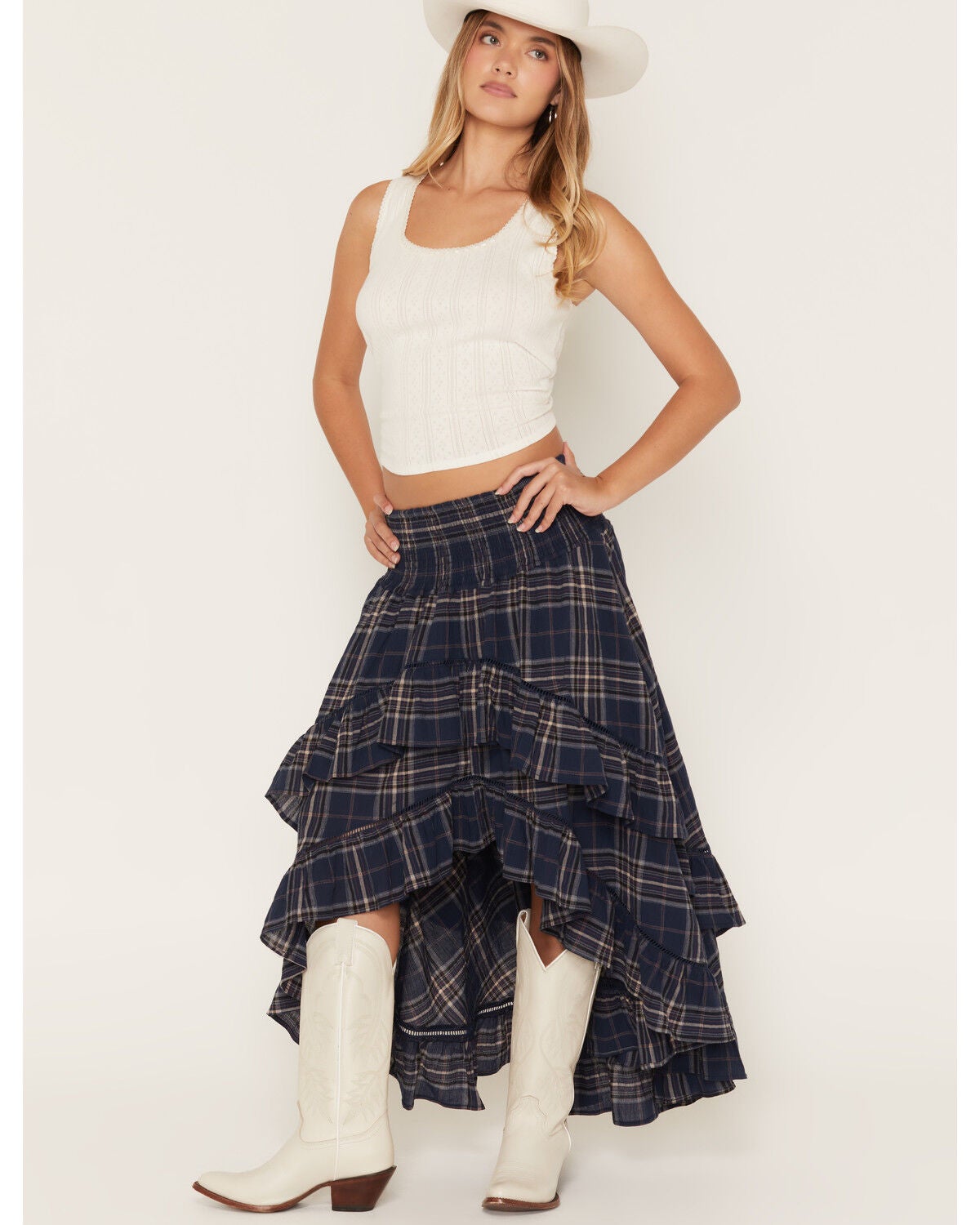 Cleo + Wolf Women's Plaid Print High Low Ruffle Midi Skirt, Navy, hi-res