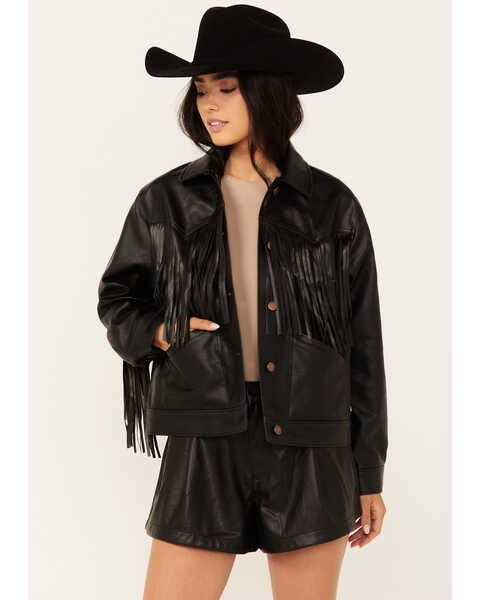 Wrangler Women's Wild Oversized Faux Leather Fringe Jacket , Black, hi-res