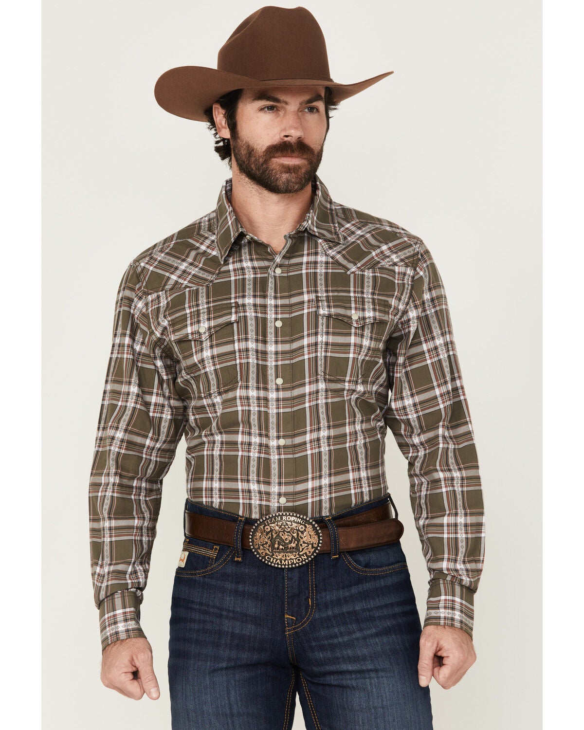 Wrangler Retro Men's Plaid Print Long Sleeve Snap Western Shirt, Brown, hi-res