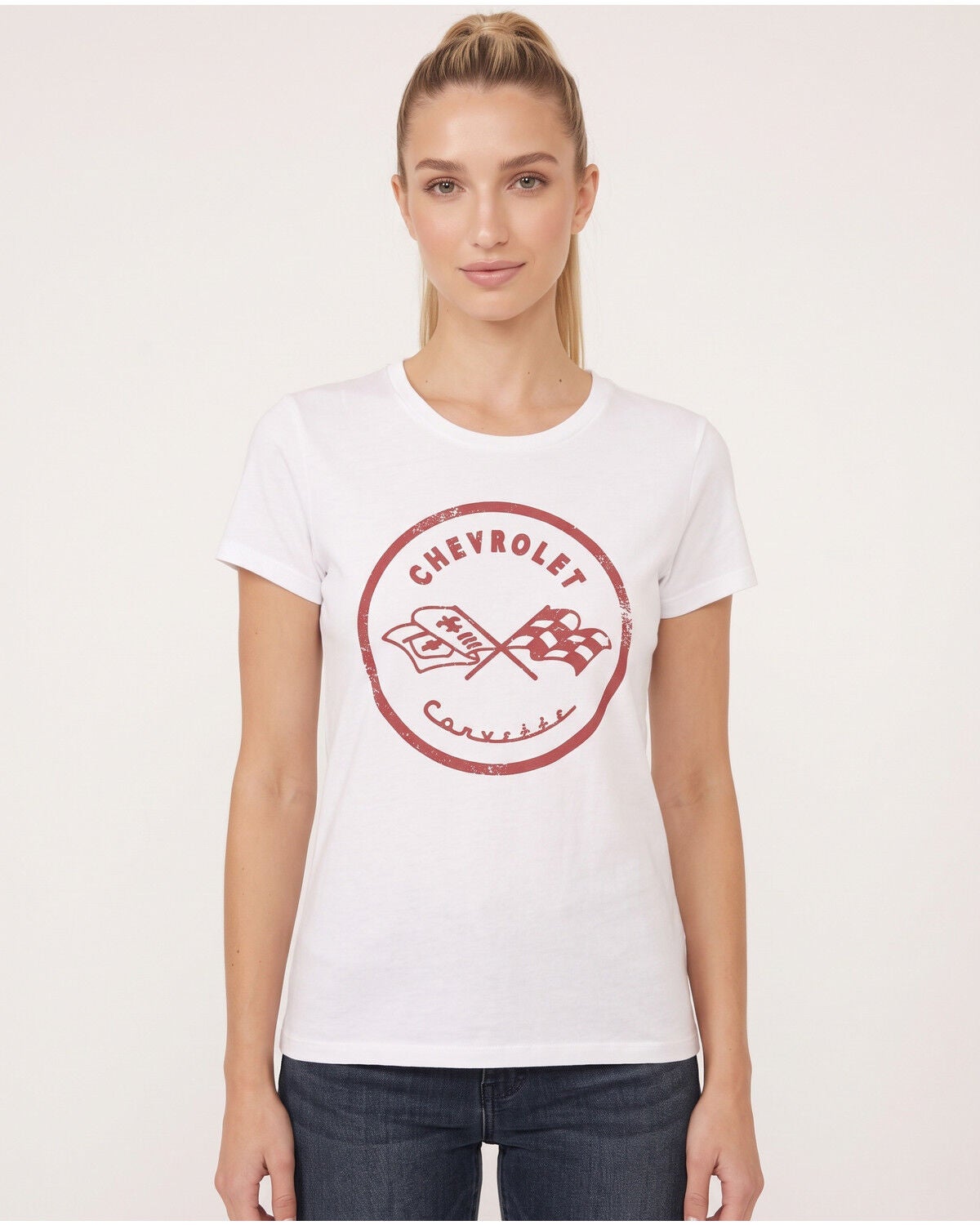 Image #1 - Chevy Women's Retro Corvette Short Sleeve Graphic Tee, White, hi-res
