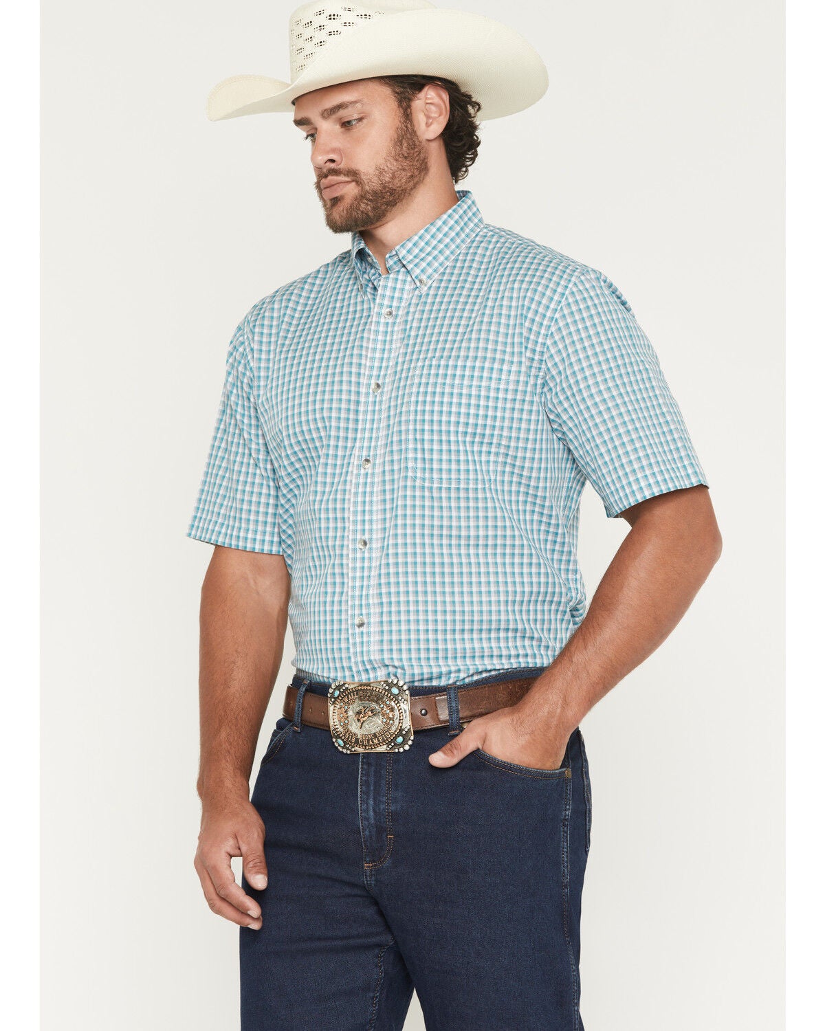 Wrangler Riata Men's Assorted Plaid Print Short Sleeve Button-Down Western Shirt, Multi, hi-res