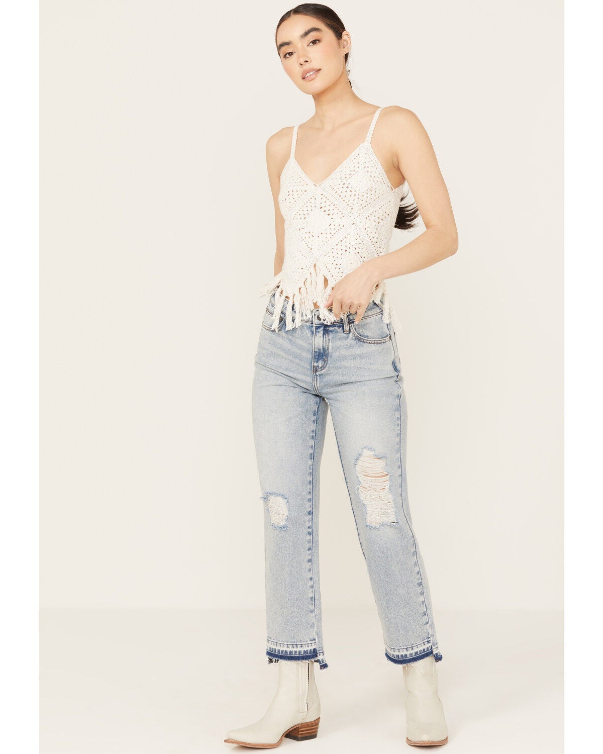 Shyanne Women's Crochet Fringe Tank, White, hi-res