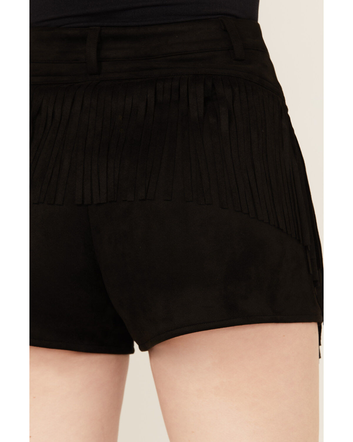Image #4 - Blue B Women's Mid Rise Faux Suede Studded Fringe Shorts, Black, hi-res