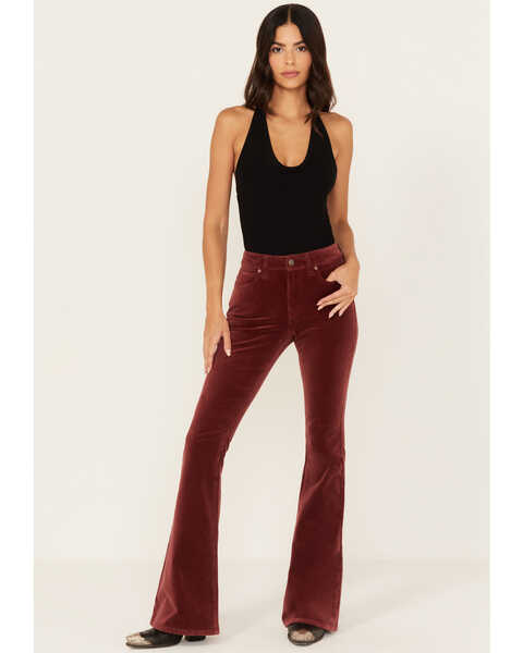 Shyanne Women's Syrah High Rise Velveteen Stretch Flare Jeans , Dark Red, hi-res