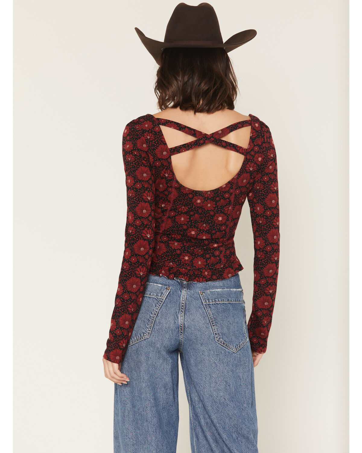 Image #4 - Rock & Roll Denim Women's Floral Print Long Sleeve Top, Red, hi-res