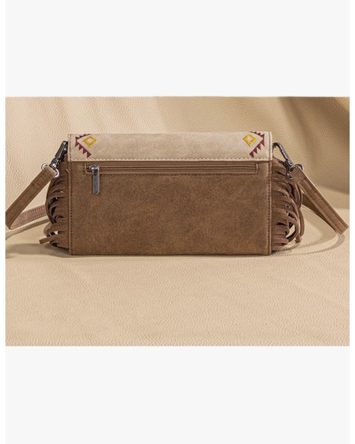 Image #2 - Wrangler Women's Southwestern Print Fringe Crossbody Wristlet, Tan, hi-res